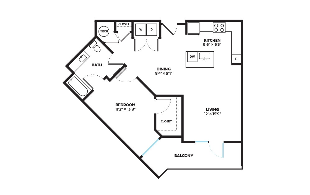 Annual - 1 bedroom floorplan layout with 1 bath and 848 square feet.