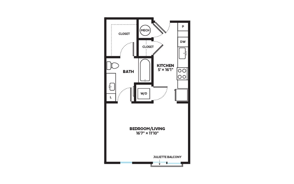 Elm - Studio floorplan layout with 1 bath and 522 to 597 square feet.