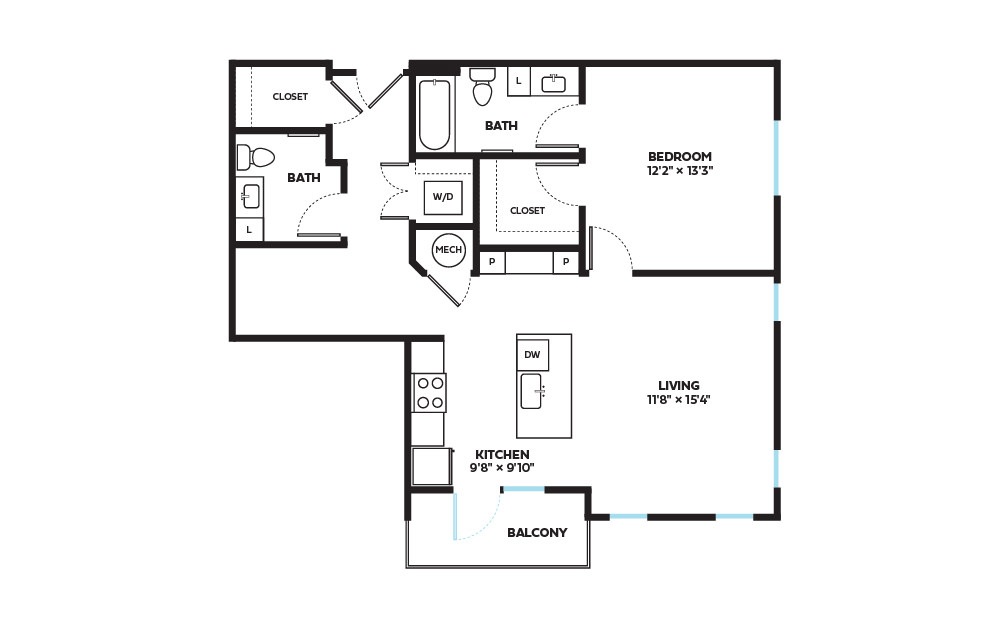 Frond - 1 bedroom floorplan layout with 1.5 bath and 921 square feet.