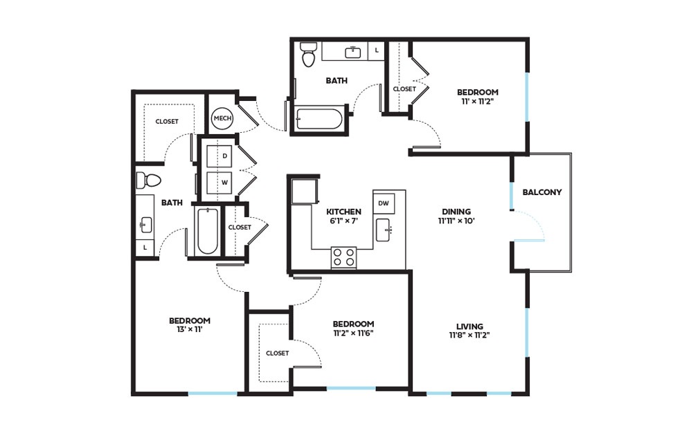 Osage - 3 bedroom floorplan layout with 2 baths and 1328 square feet.