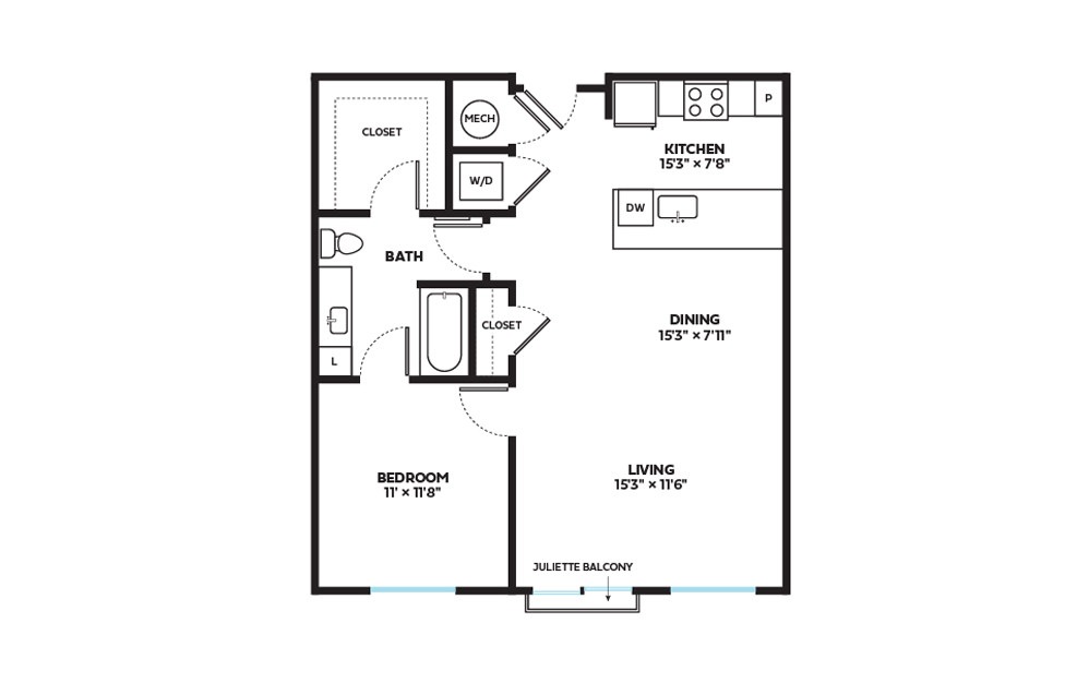 Perennial - 1 bedroom floorplan layout with 1 bath and 822 square feet.