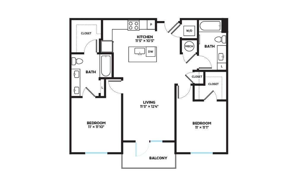 Platte - 2 bedroom floorplan layout with 2 baths and 1017 square feet.