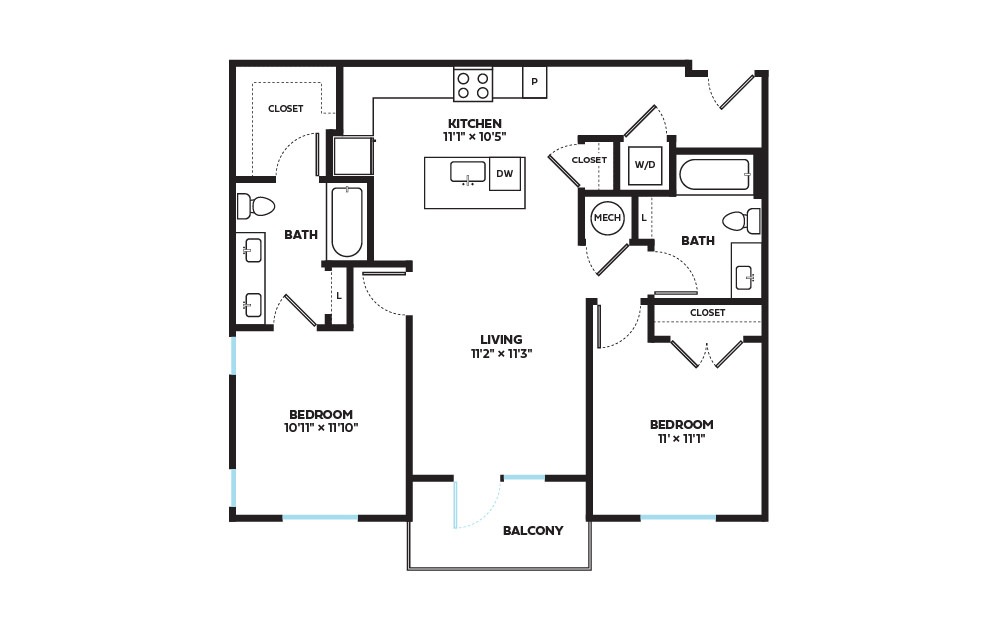 Sow - 2 bedroom floorplan layout with 2 baths and 1018 square feet.