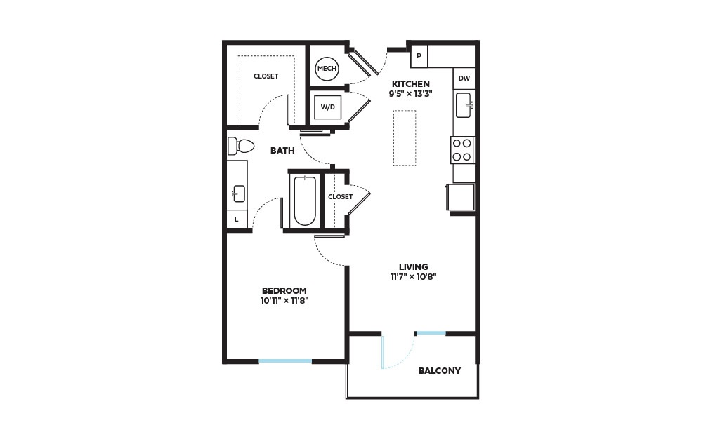 Spring - 1 bedroom floorplan layout with 1 bath and 678 square feet.