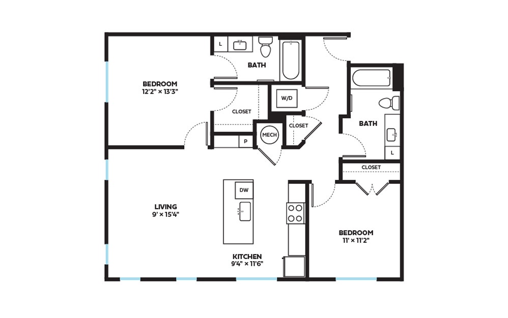 Yarrow - 2 bedroom floorplan layout with 2 baths and 1054 square feet.